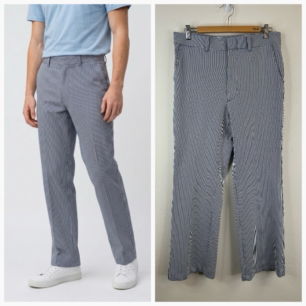 Vintage Striped Mens Slacks Pants Size 32x29 70s Blue Pockets Straight Leg Retro